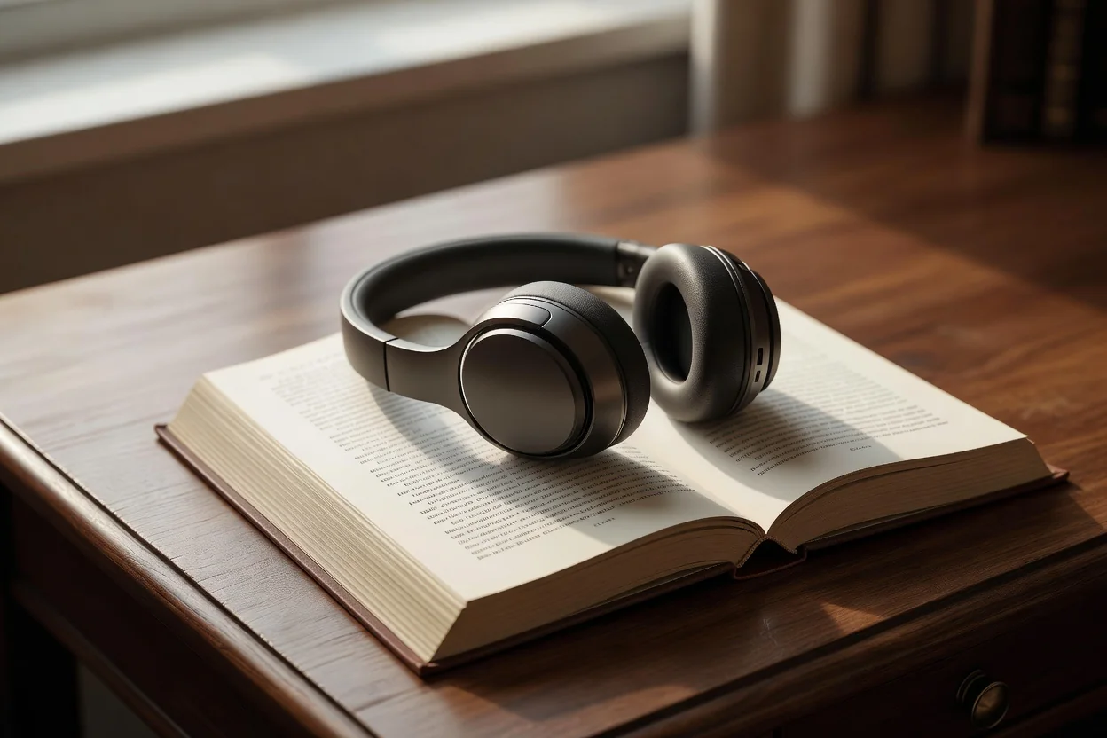 Auriculares apoyados sobre un libro