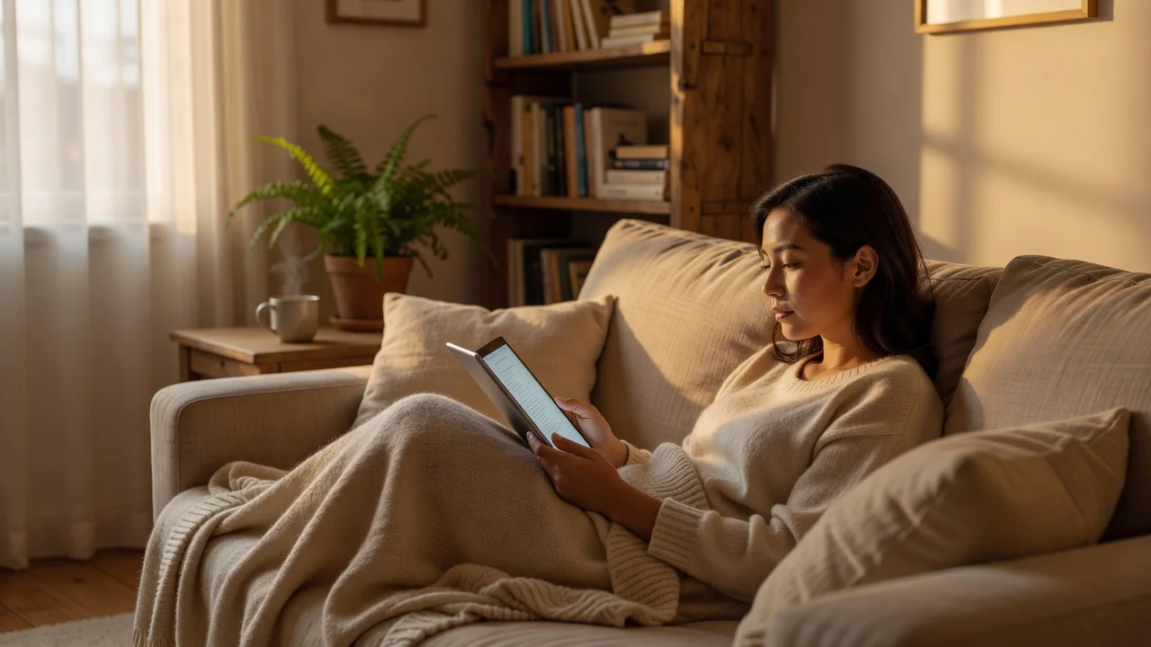 Persona leyendo un ebook en una tableta en casa
