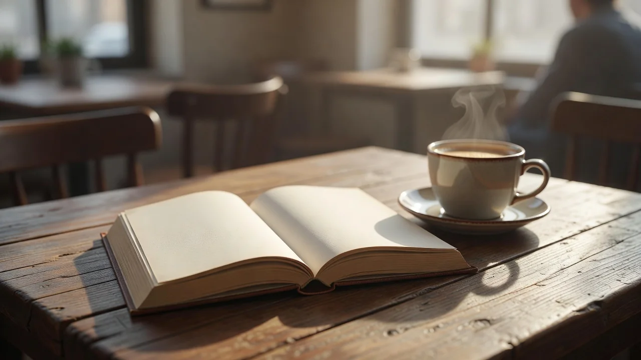 Un ejemplar abierto del Quijote junto a una taza de café